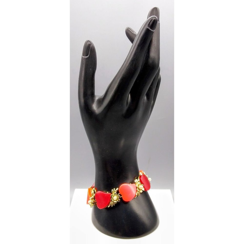 Bold Hearts and Pearls Link Bracelet, Thermoset Lucite in Red and Orange Fall